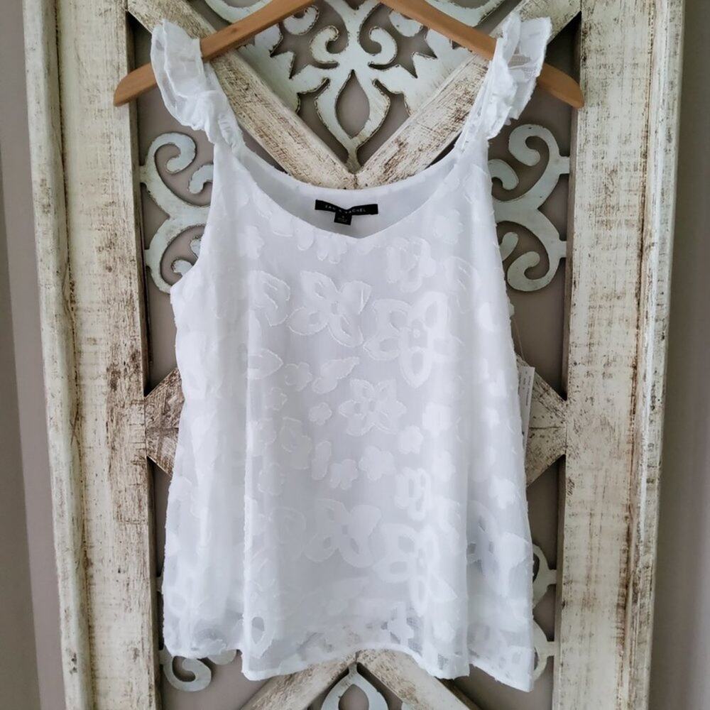 Zac & Rachel White Jacquard Floral Sleeveless Tank Ruffle Strap Romantic Boho - Picture 6 of 7